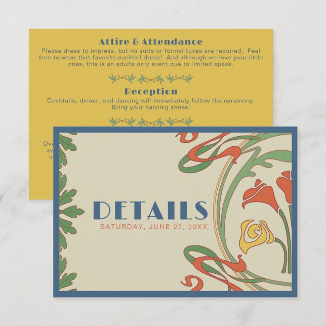 Tarjeta de gabinete de detalles de Boda Art Nouvea (Anverso / Reverso)