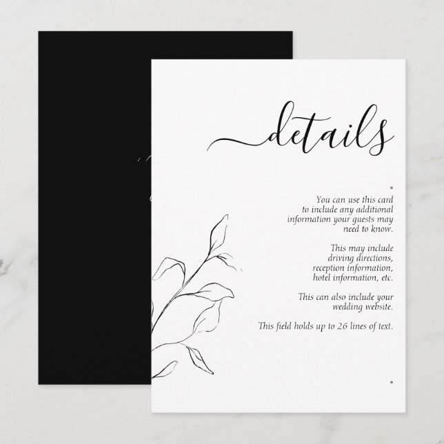 Tarjeta de gabinete de detalles de Boda blanco neg (Anverso / Reverso)