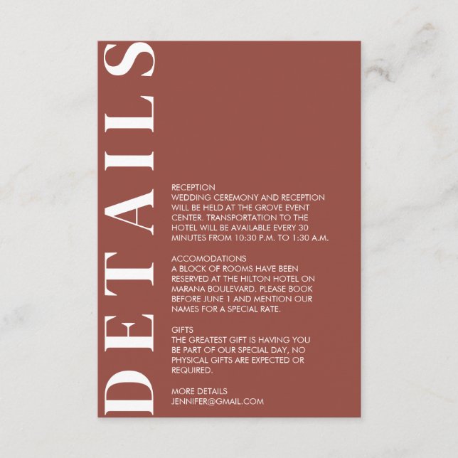 Tarjeta de gabinete de detalles de Boda de castaño (Anverso)