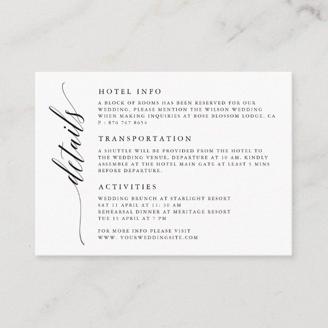 Tarjeta de gabinete de detalles de Boda de script  (Anverso)