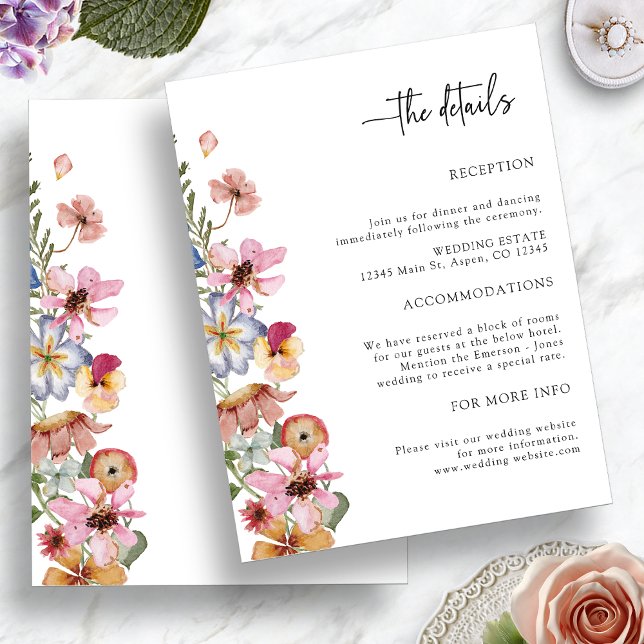 Tarjeta de gabinete de detalles de Boda floral col (Colorful Floral Wedding Detail Enclosure Card by Painted Paperie
)