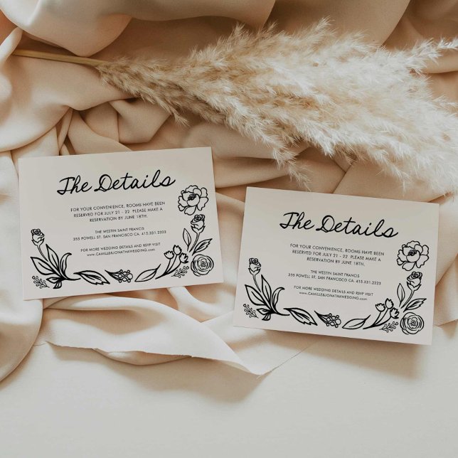 Tarjeta de gabinete de detalles de Boda floral sim (Whimsical Hand Drawn Floral Wedding Details Card)