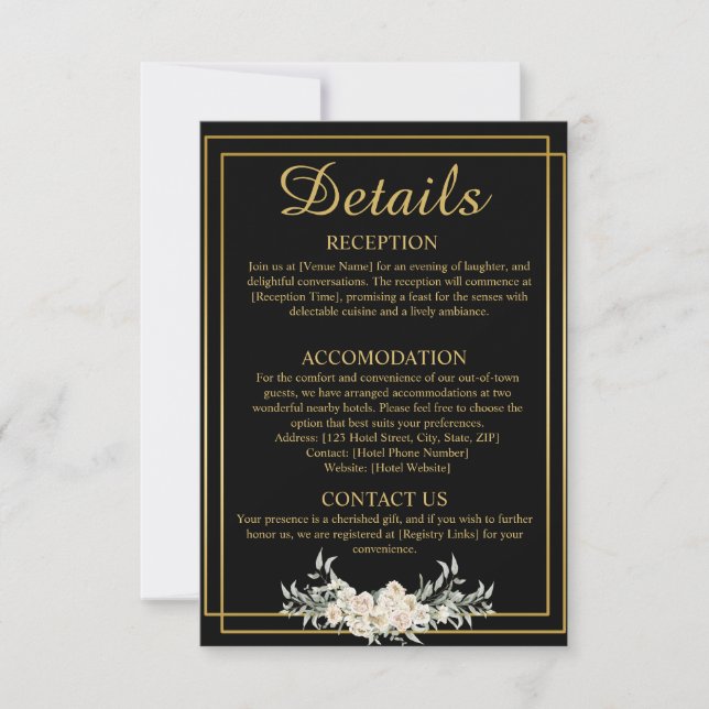 Tarjeta de gabinete de detalles de Boda negro y do (Anverso)