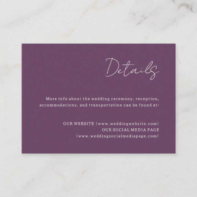 Tarjeta de gabinete de detalles de Boda púrpura (Anverso)