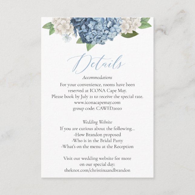 Tarjeta de gabinete de detalles del Boda Blue Hydr (Anverso)