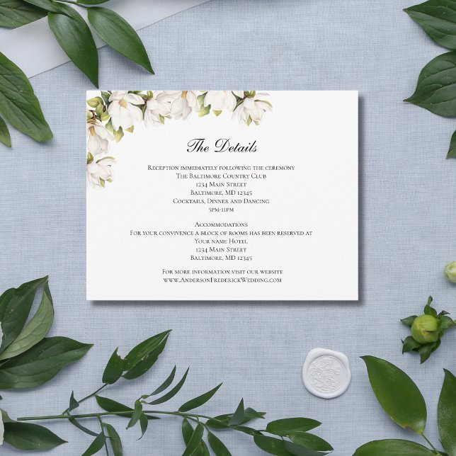 Tarjeta de gabinete de detalles del Boda de magnol (White Magnolia Floral Wedding Details card)