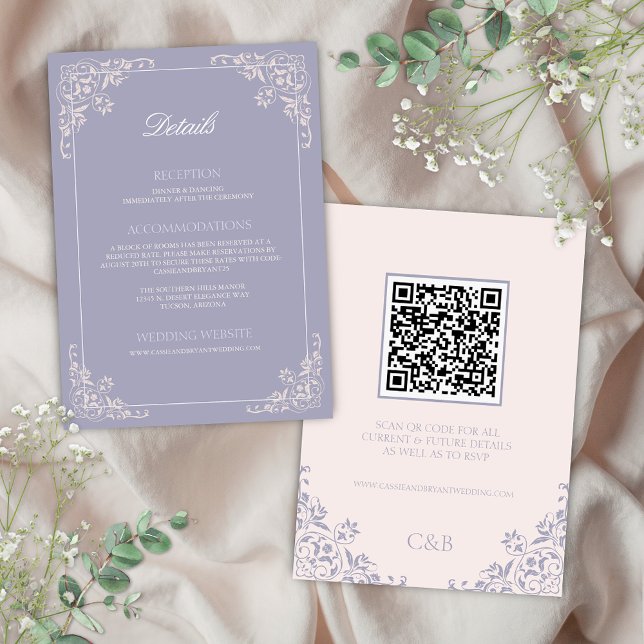 Tarjeta de gabinete de detalles del Boda Lilac QRC (Elegant lavendar purple and blush pink french lilac theme wedding enclosure cards for qr code detail)