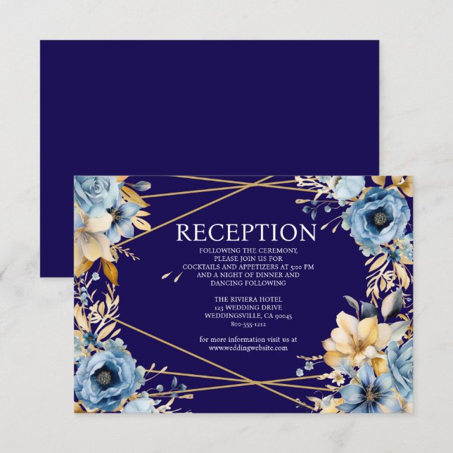 Tarjeta de gabinete de recepción floral azul y dor (Anverso / Reverso)