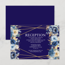 Tarjeta de gabinete de recepción floral azul y dor