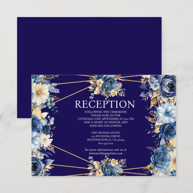 Tarjeta de gabinete de recepción floral azul y dor (Anverso / Reverso)