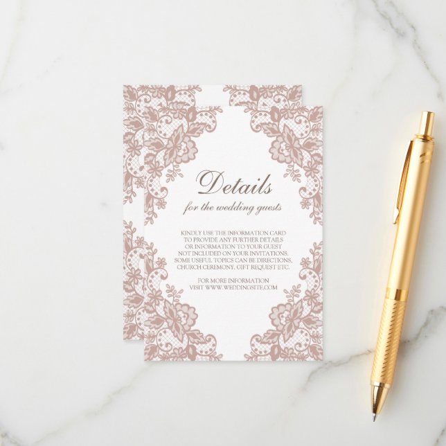 Tarjeta de gabinete del boda de encaje rosa agitad (Anverso/Reverso In Situ)