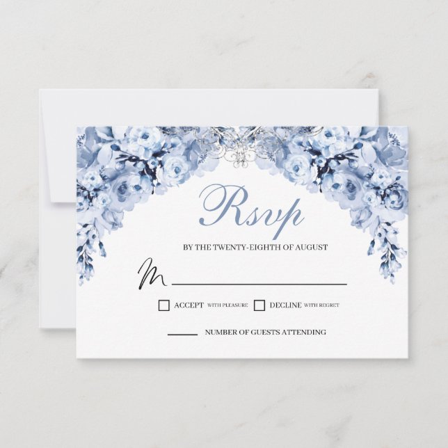 Tarjeta de gabinete Dusty Blue Floral RSVP (Anverso)