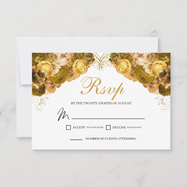 Tarjeta de gabinete Gold Floral RSVP (Anverso)