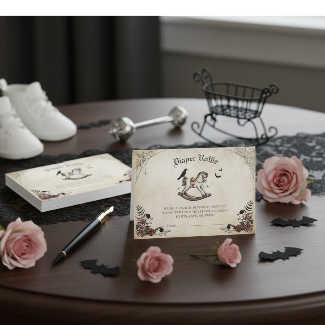 Tarjeta de gabinete gótica Baby Shower Diaper Raff (Elegant Gothic Halloween Girl Baby Shower Diaper Raffle Enclosure Card. Vintage Rocking Horse, Roses)
