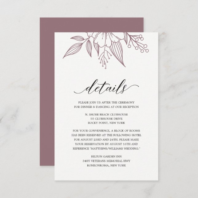 Tarjeta de gabinete Mauve Boda floral elegante sim (Anverso / Reverso)