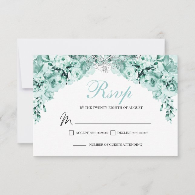 Tarjeta de gabinete Mint Green Floral RSVP (Anverso)