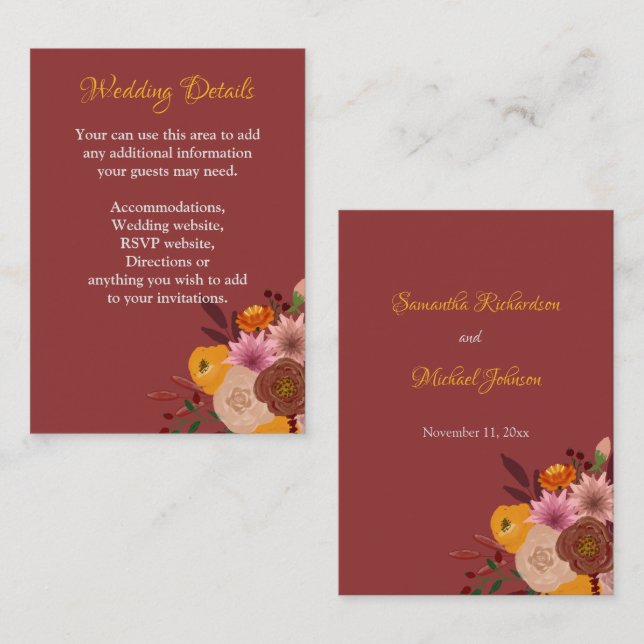 Tarjeta de gabinete para Bodas de flores de otoño (Anverso / Reverso)