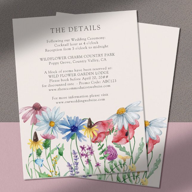 Tarjeta de gabinete para detalles de Boda de flor  (Details enclosure card with wildflower floral border)