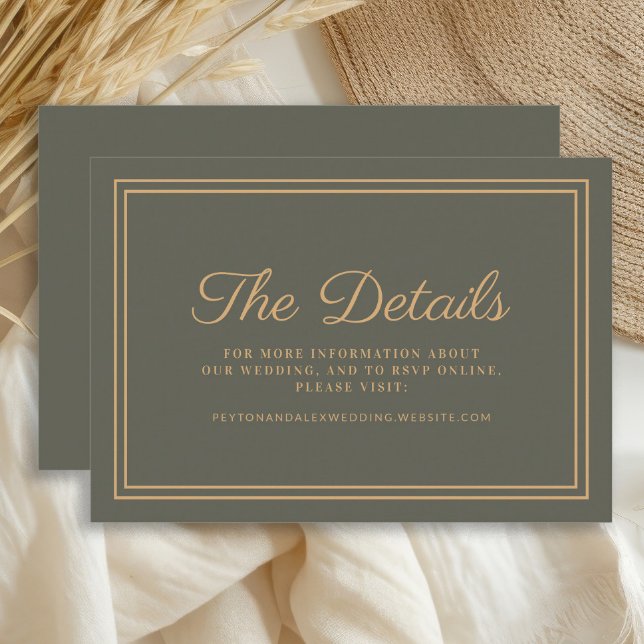 Tarjeta de gabinete para detalles del Boda verde o (Dark olive/sage green and gold wedding details card )