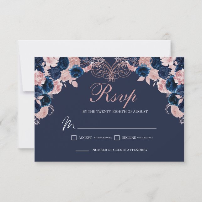 Tarjeta de gabinete RSVP de floral rosa azul marin (Anverso)