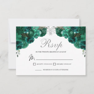 Tarjeta de gabinete RSVP de floral verde y platead