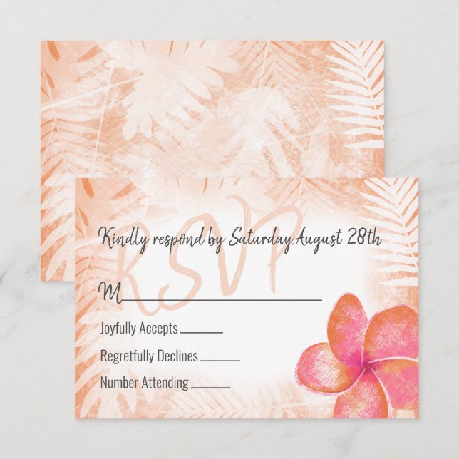 Tarjeta de gabinete RSVP de Plumeria rosa de coral (Anverso / Reverso)