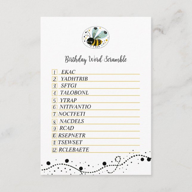 Tarjeta de gabinete Sweet Bee Birday Word Scramble (Anverso)
