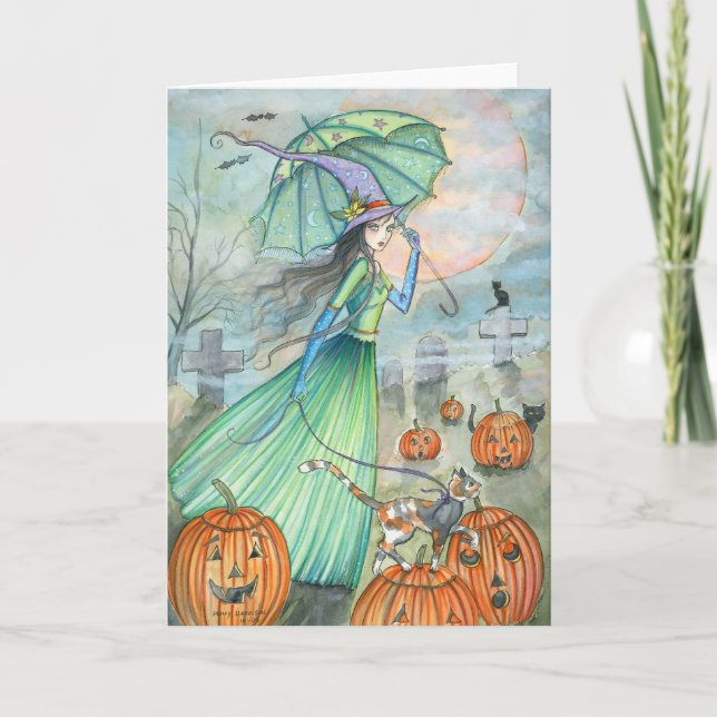Tarjeta de Gata Bruja de Halloween por Molly Harri (Anverso)