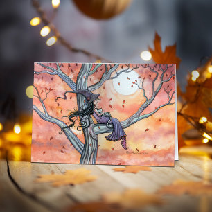 Tarjeta de Gata Bruja de Otoño de Halloween