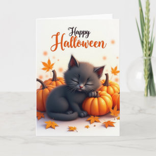 Tarjeta de gatito acogedor de Halloween feliz
