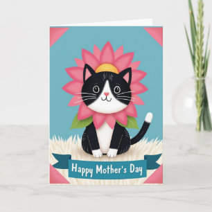 Tarjeta de gatito con flor de fucsia