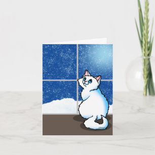 Tarjeta de gato blanco ventana nevada