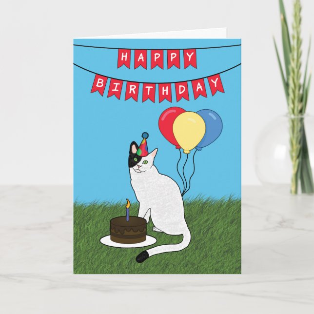 Tarjeta de gato blanco y negro feliz cumpleaños (Anverso)