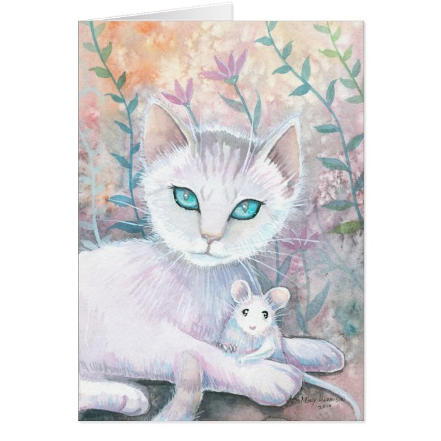 Tarjeta de gato blanco y ratón (Frente)