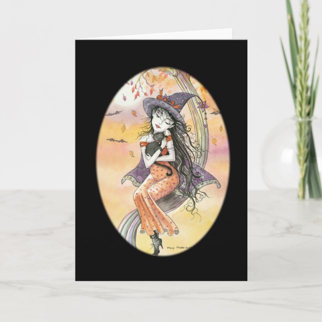 Tarjeta de Gato Bruja Gótica de Halloween (Anverso)
