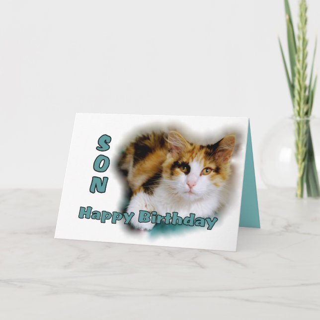 Tarjeta de gato de cumpleaños feliz de hijo Calico (Anverso)