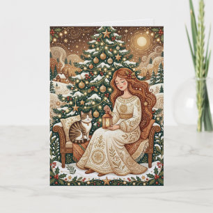 Tarjeta de Gato de Navidad Caprichoso y Doncella d