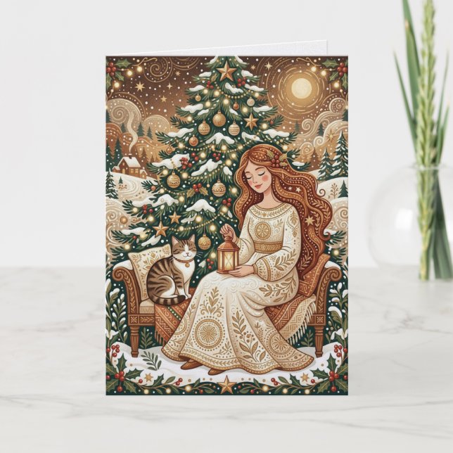 Tarjeta de Gato de Navidad Caprichoso y Doncella d (Anverso)
