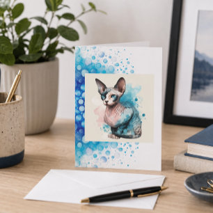 Tarjeta de gato esfinge elegante azul acuarela mas