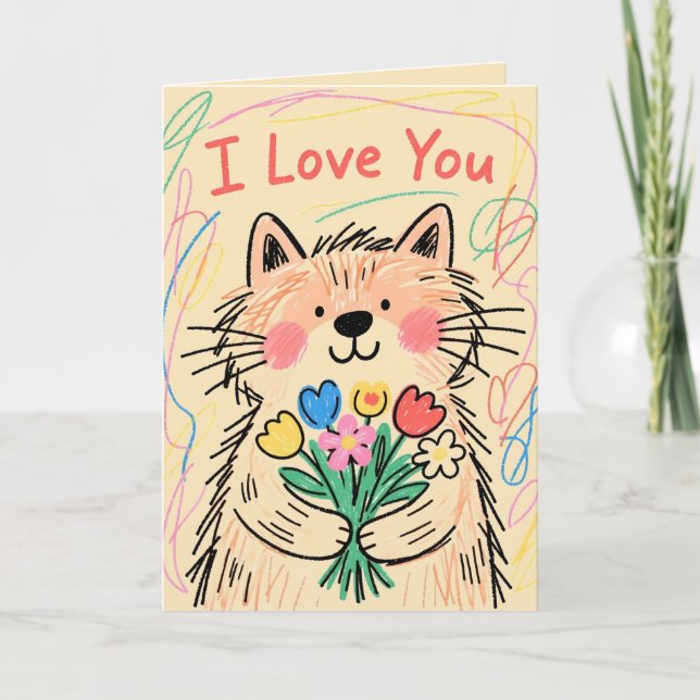 Tarjeta de gato garabato 'Te quiero' (Anverso)