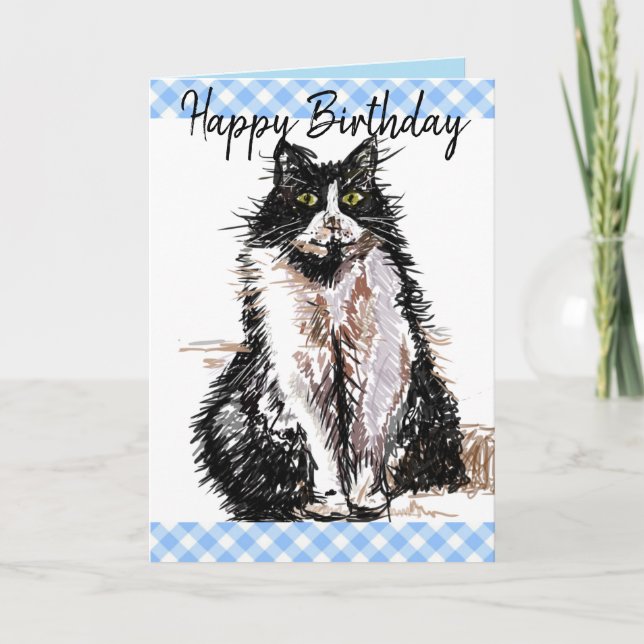 Tarjeta de gato mate de Tuxedo Dibujo negro y blan (Anverso)