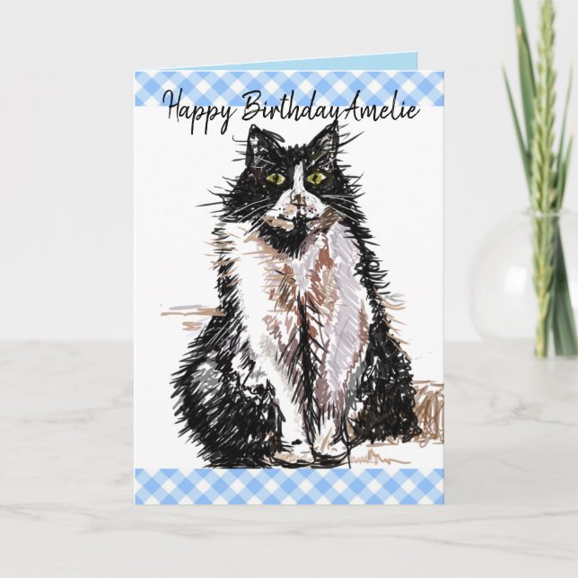 Tarjeta de gato mate de Tuxedo Dibujo negro y blan (Anverso)