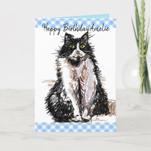 Tarjeta de gato mate de Tuxedo Dibujo negro y blan