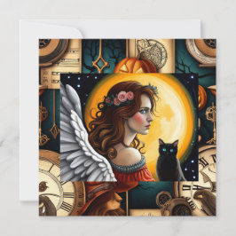 Tarjeta de gato negro y ángel de Halloween