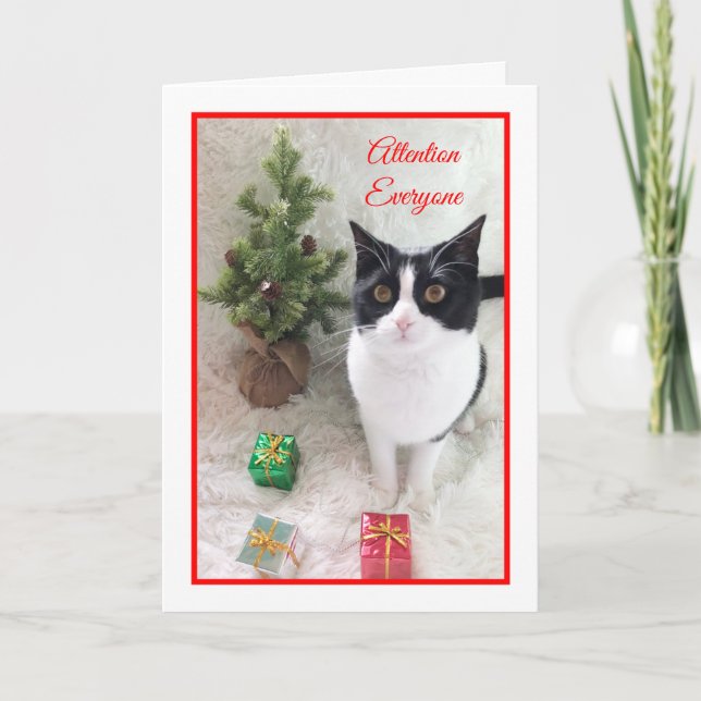 Tarjeta de gato para Navidades Meowy - Atención a  (Anverso)