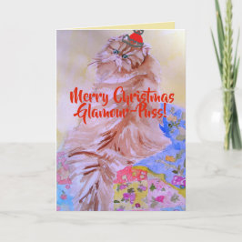 Tarjeta de gato pintado a mano con Glamour navideñ