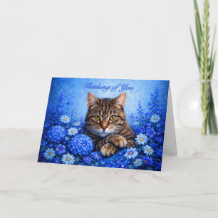 Tarjeta de Gato Tabby Floral Azul Pensando en Ti