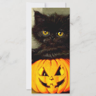 Tarjeta de gato y de farol Jack-o de Halloween vin