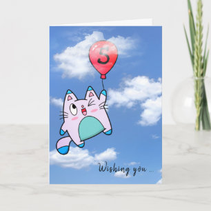 Tarjeta de gato y globo para el quinto cumpleaños