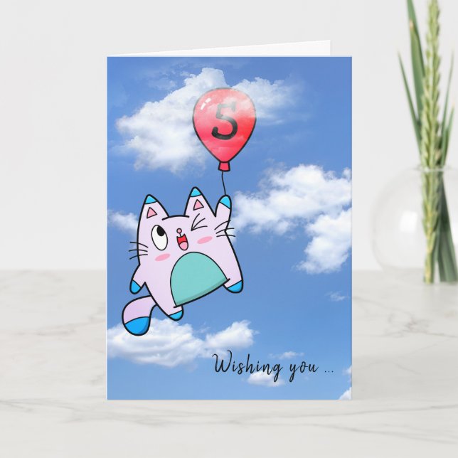 Tarjeta de gato y globo para el quinto cumpleaños (Anverso)